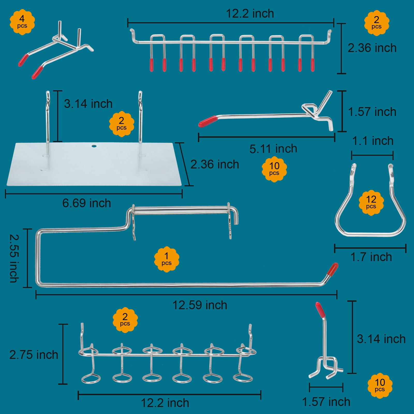 DAANXW 188PCS Zinc Plated Steel Pegboard Hooks, Pegboard Hooks for Organize and Categorize. (Red)