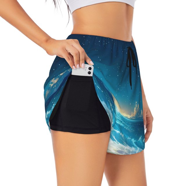 Balery Night Sky Beach Scene Pantalones cortos deportivos para mujer con forro y dos bolsillos, elásticos, para entrenamiento, gimnasio, yoga-Medium