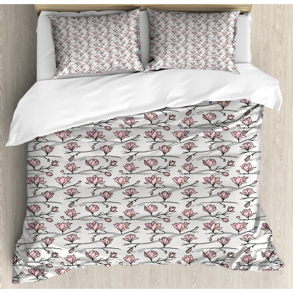 Magnolia King Size Duvet Cover Set, Simplistic Design of Linear Hand