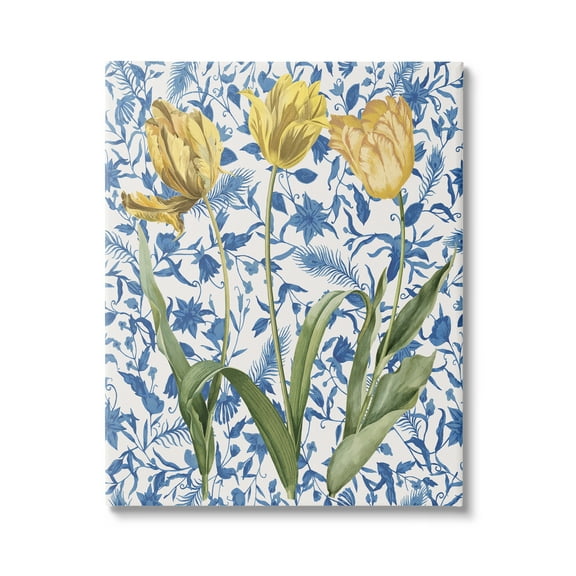 Stupell Industries Three Tulips on Toile Botanical & Floral Painting Gallery Wrapped Canvas Art Print Wall Art, 36 x 48