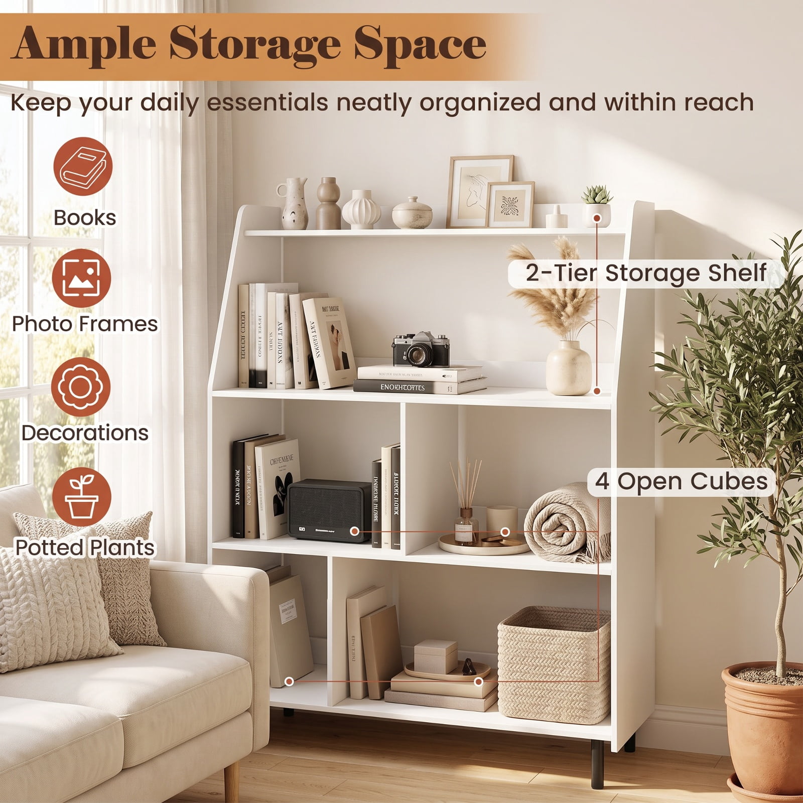 Furnibear 4-Tier Open Modern Bookcase with 2 Anti-Tipping Kits for Living Room Home Office Bedroom Display Storage Shelf, White