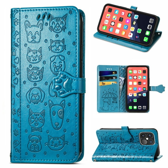 Cartoon Case for iPhone 13 Pro Max(2021), Allytech Embossed Animal PU Leather Impact Resistant TPU Back Card Slots Magnetic Closure Hand Strap Stand Cover for iPhone 13 Pro Max 6.7" 2021, Blue