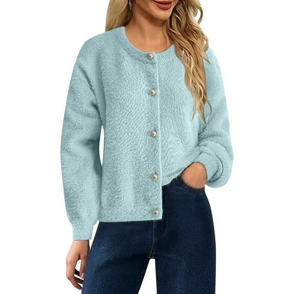 DHFJKG Women Crop Fuzzy Coat Solid Color Button Front Long Sleeve Warm Sweater Cardigan For Fall Winter Drop Shoulder Loose Fit Soft Comfort Coat