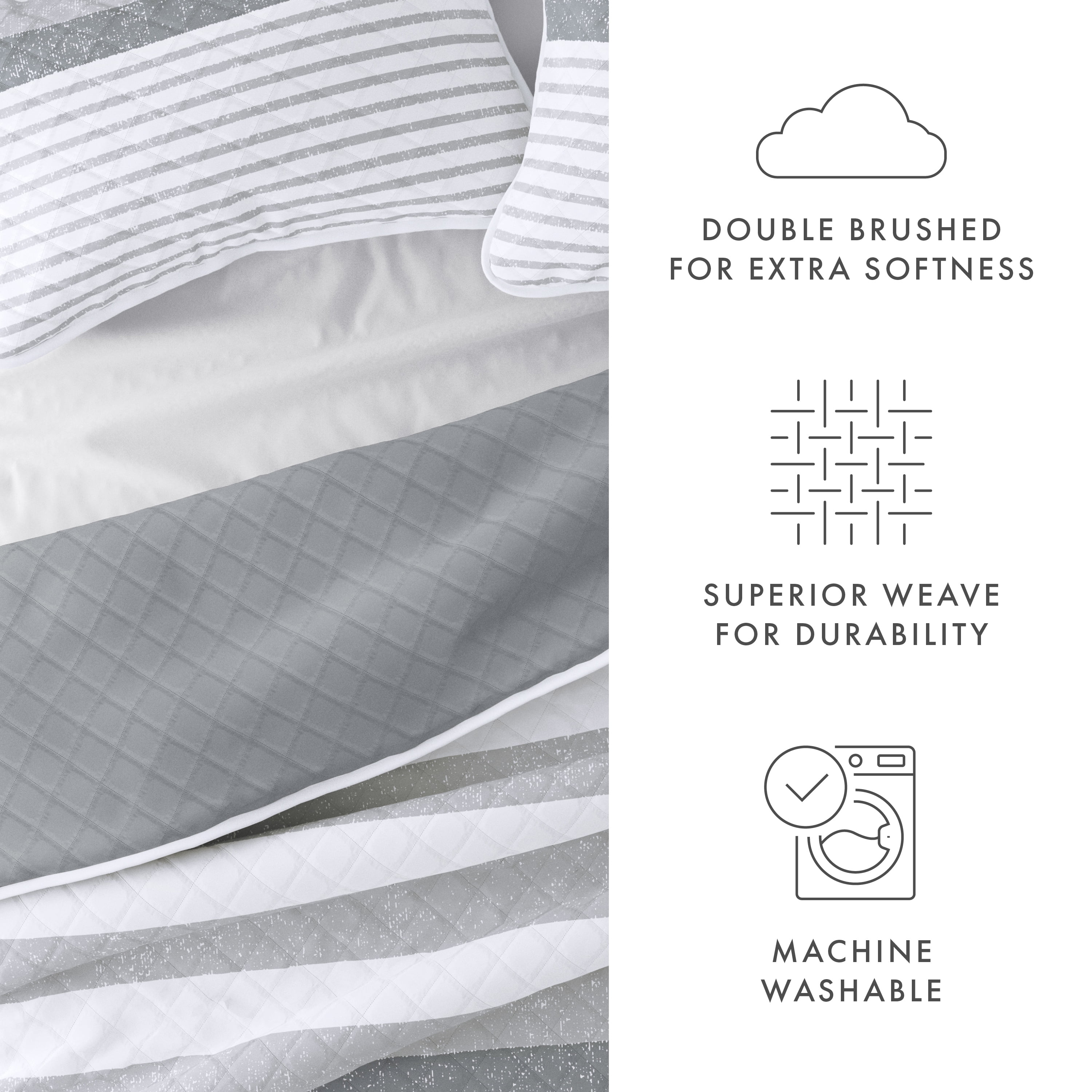 Noble Linens Light Grey 3 Piece Summer Stripes Reversible Microfiber Quilt Set, King / CalKing