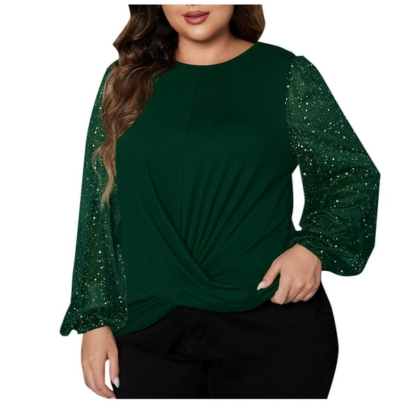 Diufon Women's Oversize Tops Spring Fall Long Sleeve Glitter Loose Crewneck Tops Party Ruched Gowns Blouse