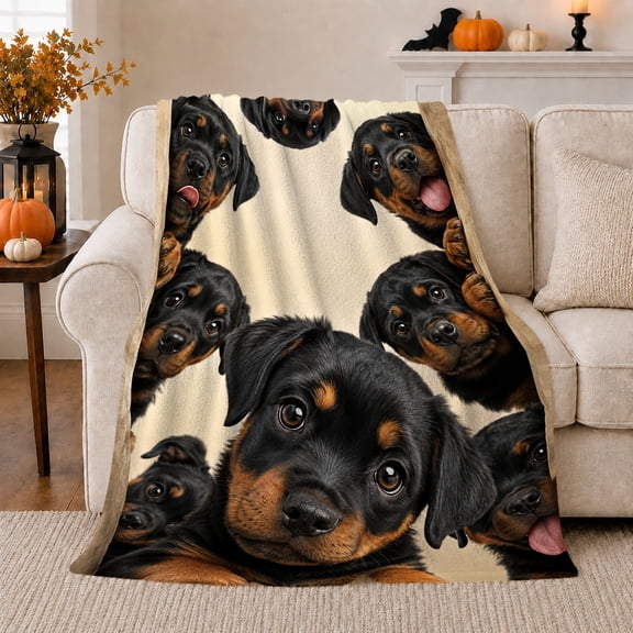 Playful Rottweiler Puppy Face Collage, Playful Pet Portrait Pattern, Warm Flannel Blanket for Living Room and Bedroom, Dog Lovers person's Day Gift, Pet Lover Home Decor