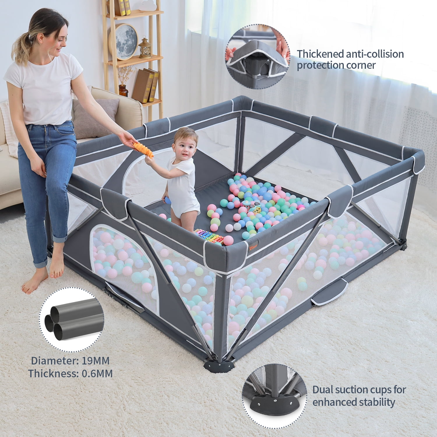 Yobear Baby Playpen, Foldable Playpen for Babies and Toddlers, Indoor & Outdoor Baby Activity Center with Visible Breathable Mesh, Portable Play Yard with 2 Handlers+50 Balls-50”×50”(Black)