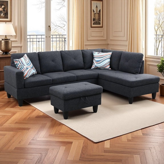 97" L Shape Sofa Couches, Sectional Couch with Storage Ottoman,Modular Sofa with Chaise for Living Room, Apartment, Dark Grey