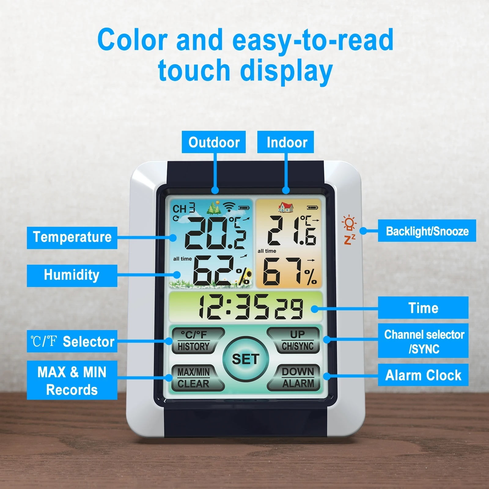 Digital Weather Station Clock Indoor Outdoor Weather Forecast Barometer Thermometer Hygrometer with Wireless Outdoor Sensor ,High Precision