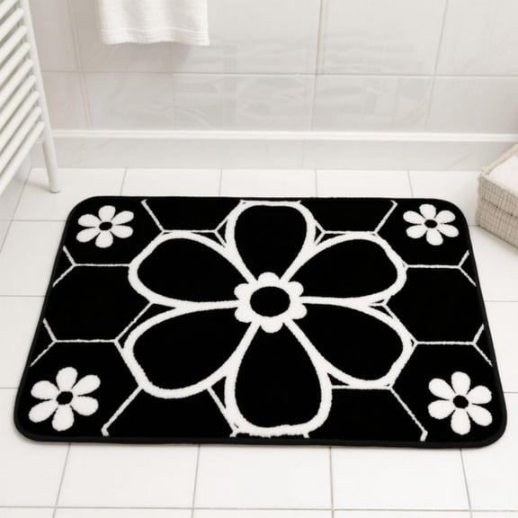 Black White Flower Hex Tile Bath Mats for Bathroom,Soft Absorbent Bath Rug Non-Slip Floor Rug 16x24 Inch