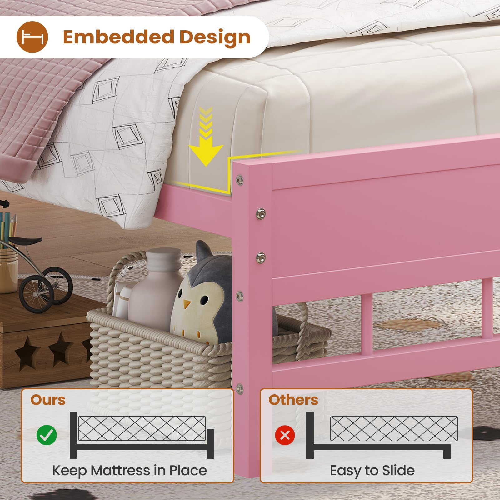 Afuhokles Twin Size Platform Bed Frame with Storage Headboard and Charging Station, Pink