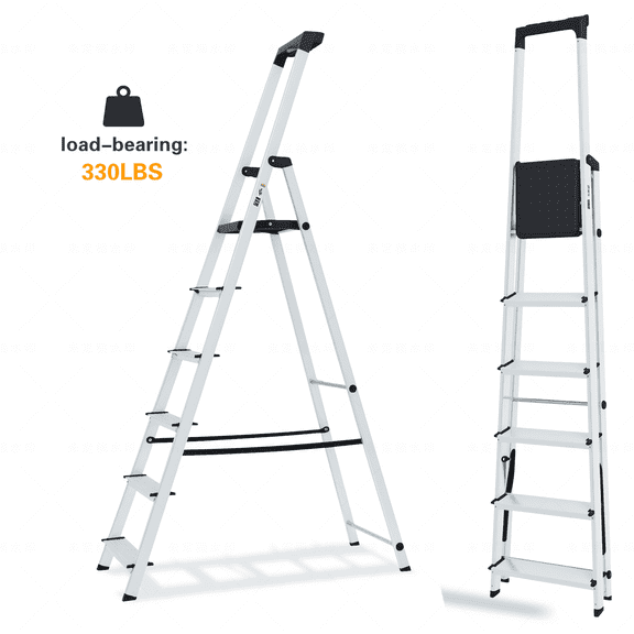 edx 6-Step Aluminum Folding Step Ladder, 330 lb Capacity – Non-Slip Steps, Safety Rail, Steel Platform, Tool Tray, Slim Fold for Home & Garage, Silver