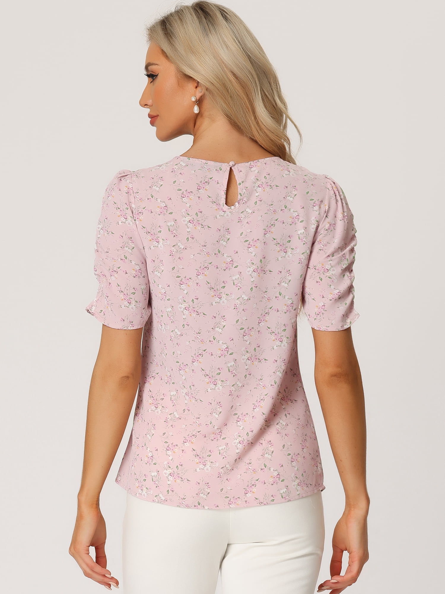 DARING DIVA Floral Crew Neck Shirred Short Sleeve Casual Top M Pink Floral