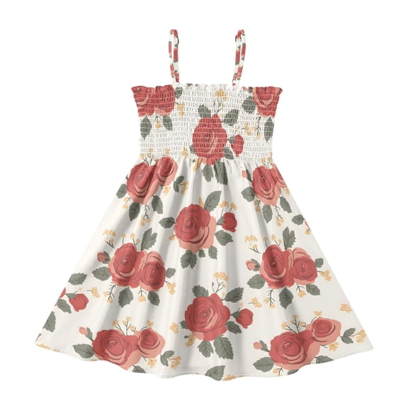 Summer Spaghetti Strap Rose A Line Dress Casual Sleeveless Cami Sundress for Size 2-8 Years