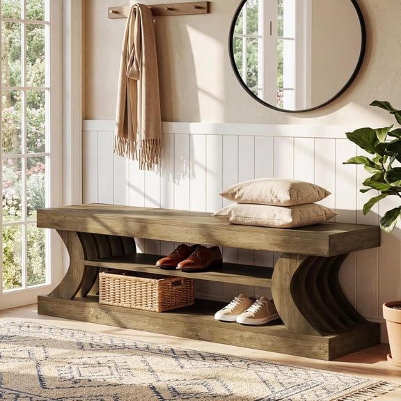 Tribesigns 63" Entryway Bench for 3-4 Person, 3-Tier End of Bed Bench with Open Storage Shelves for Bedroom, Entryway, Brown