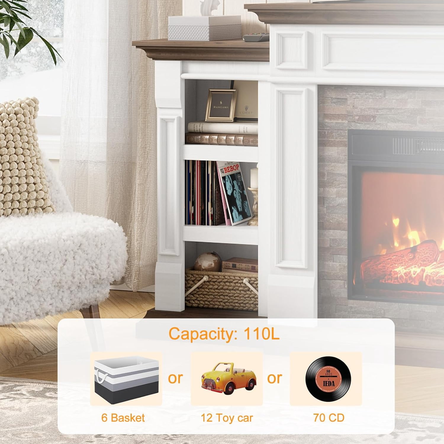Holliwill 70" Mantel TV Stand Entertainment Center for TVs up to 80" with 23" Fireplace, White & Brown