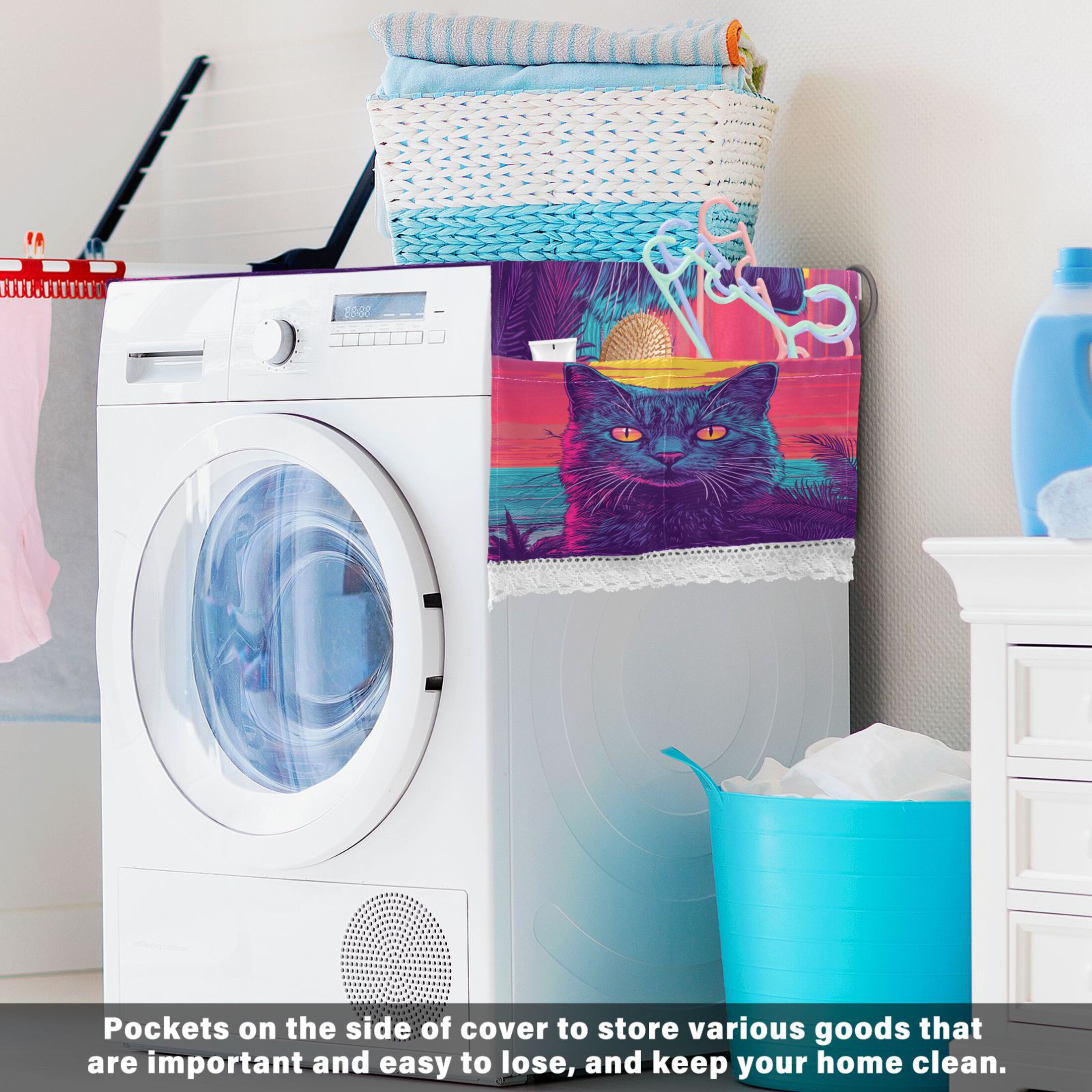 Cat before SunsetWasher and Dryer Covers Dust-Proof and Oil Resistant Fridge Cover with 4 Storage Pockets Washing Machine Top Cover for Laundry Kitchen Home 51.2 x 22 In