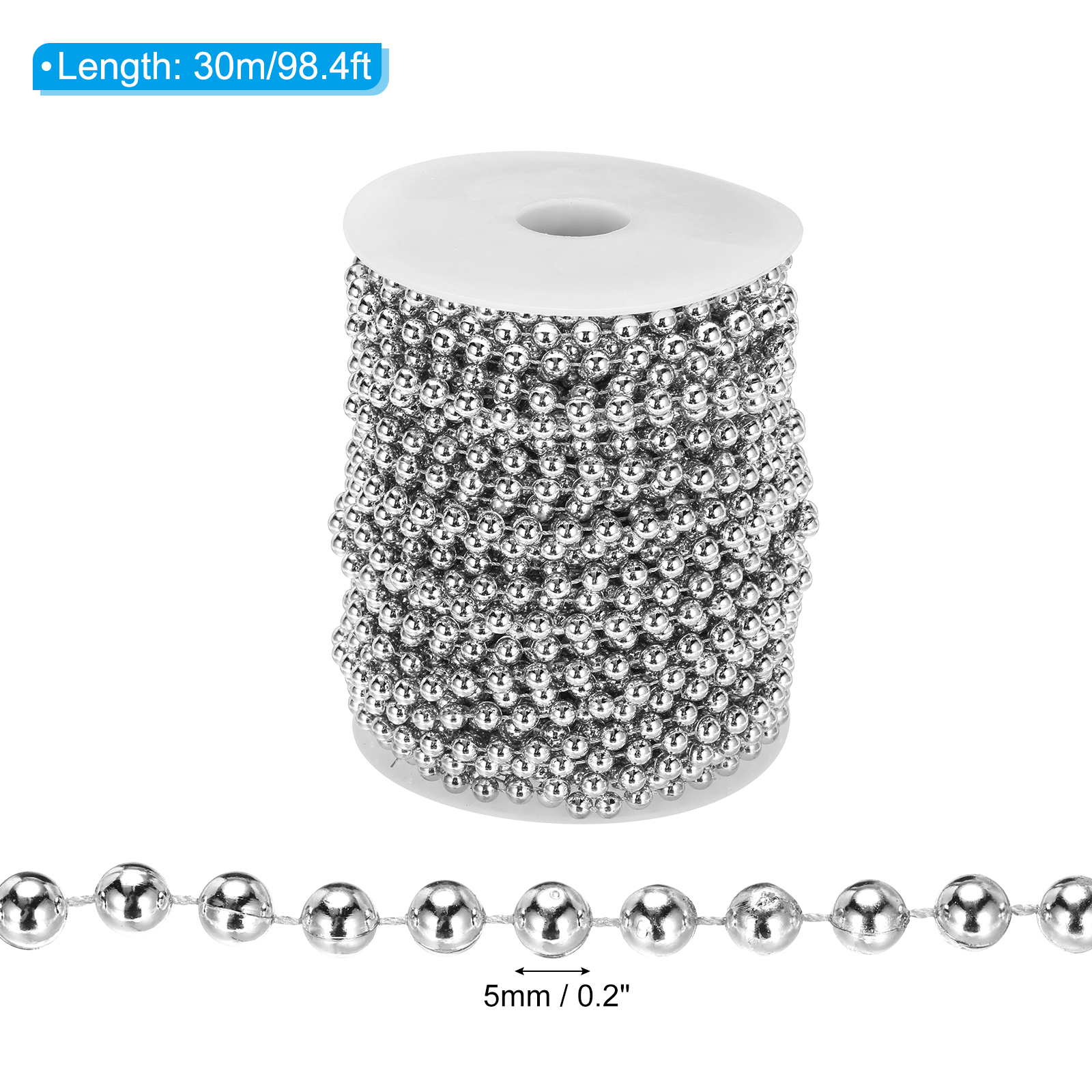 Uxcell 5mm 98.4Ft Pearl Beads Garland, Faux Pearl Strands Roll Spools for DIY ,Silver