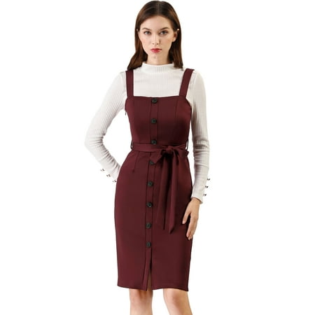 Button Strap Jumper Women's Button Decor Strap Sheath Suspender Overall Jumper Dress Burgundy XL (US 18) ()