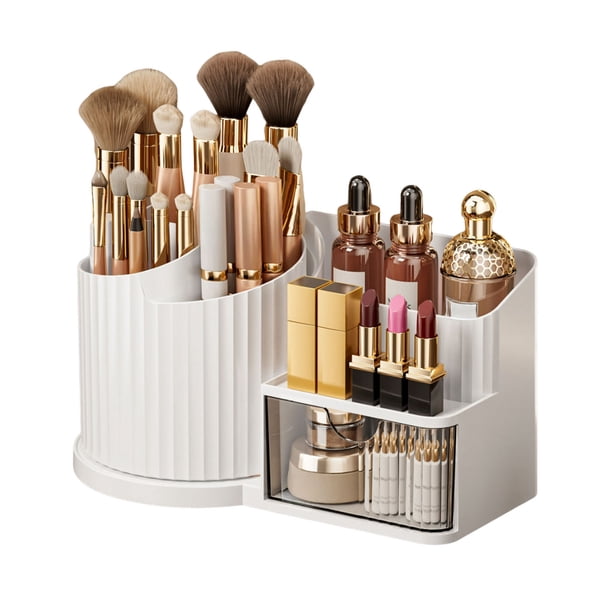 Caja de almacenamiento de cosméticos giratoria de 360 grados, organizador de maquillaje con portabrochas, cajón transparente, diseño vertical grande.