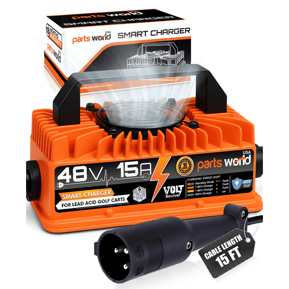 VoltRevive™ 48V 15A Lead-Acid Golf Cart Charger for Club Car DS, Precedent with 3 Pin Round Plug | Fast Charging with TrickleFlow™ | IP67 Waterproof