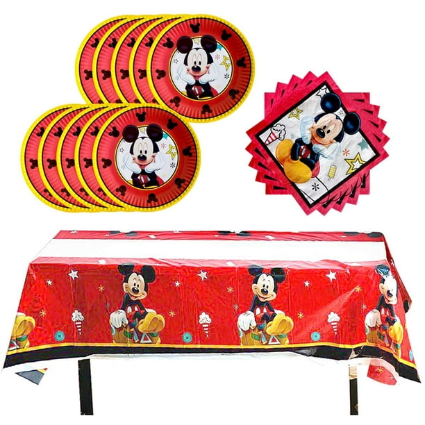 Fournitures de fête d'anniversaire pour Mickey Mouse rouge, comprend 20  assiettes en papier - 20 serviettes - 1 nappe pour 20 invités 