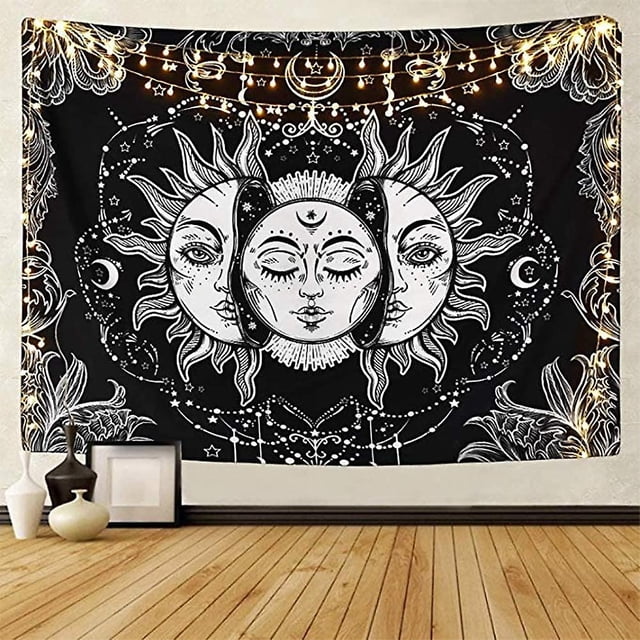 Tapiz de tarot del sol y la luna, tapiz psicodélico, tapiz celestial negro para colgar en la pared, tapices de pared hippie bohemios con mandala indio (a--sol y luna, L/148cm)