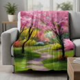thumbnail image 2 of Nature Pink Green Blanket Soft Cozy Warm Throw Blanket for Couch, Plush Fuzzy Flannel Fleece Blankets for Sofa, Spring Country Oil Painting Flower Tree Bed Blankets Lightweight Gifts for Men, 50"x80", 2 of 9