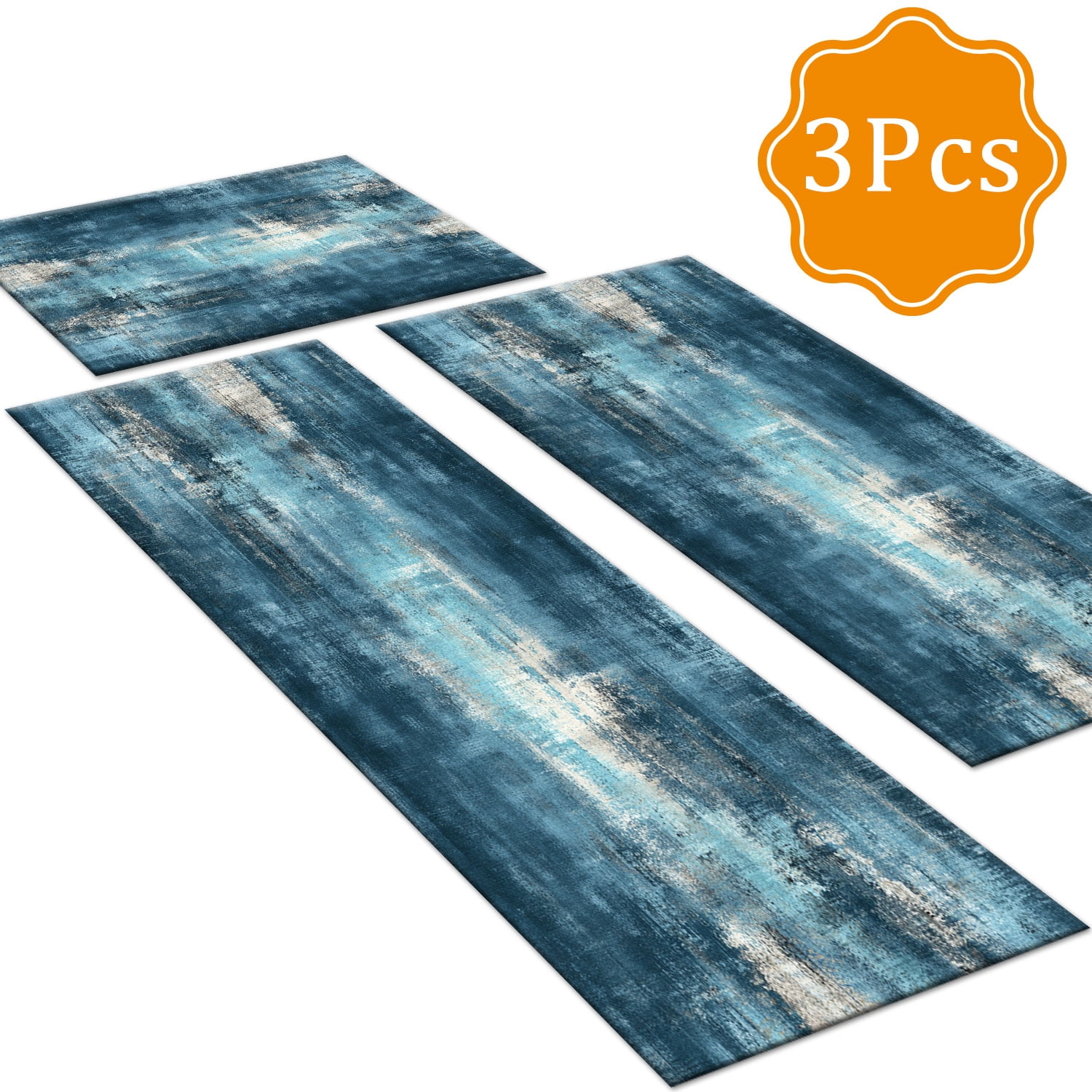 3-Piece Farmhouse Kitchen Rug Set, Washable Anti Slip Striped Floor Mats in 3 Sizes, Stain Resistant Decor Rugs for Kitchen Hallway Bathroom Home Christmas Decor