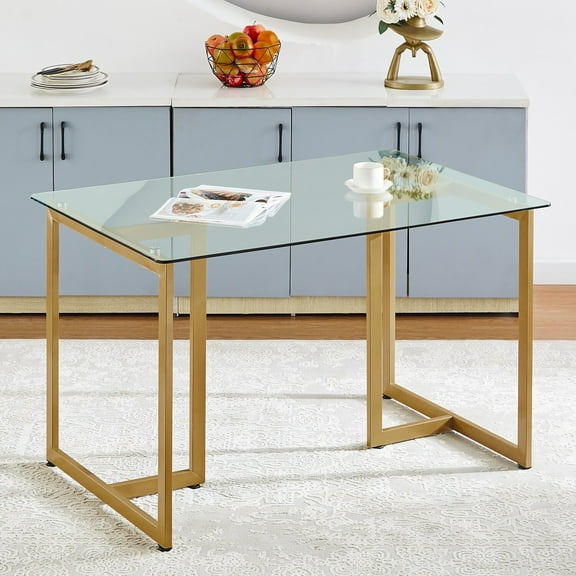 Homycasa Slip 47" Metal and Glass Dining Table with Metal Frame in Clear/Gold