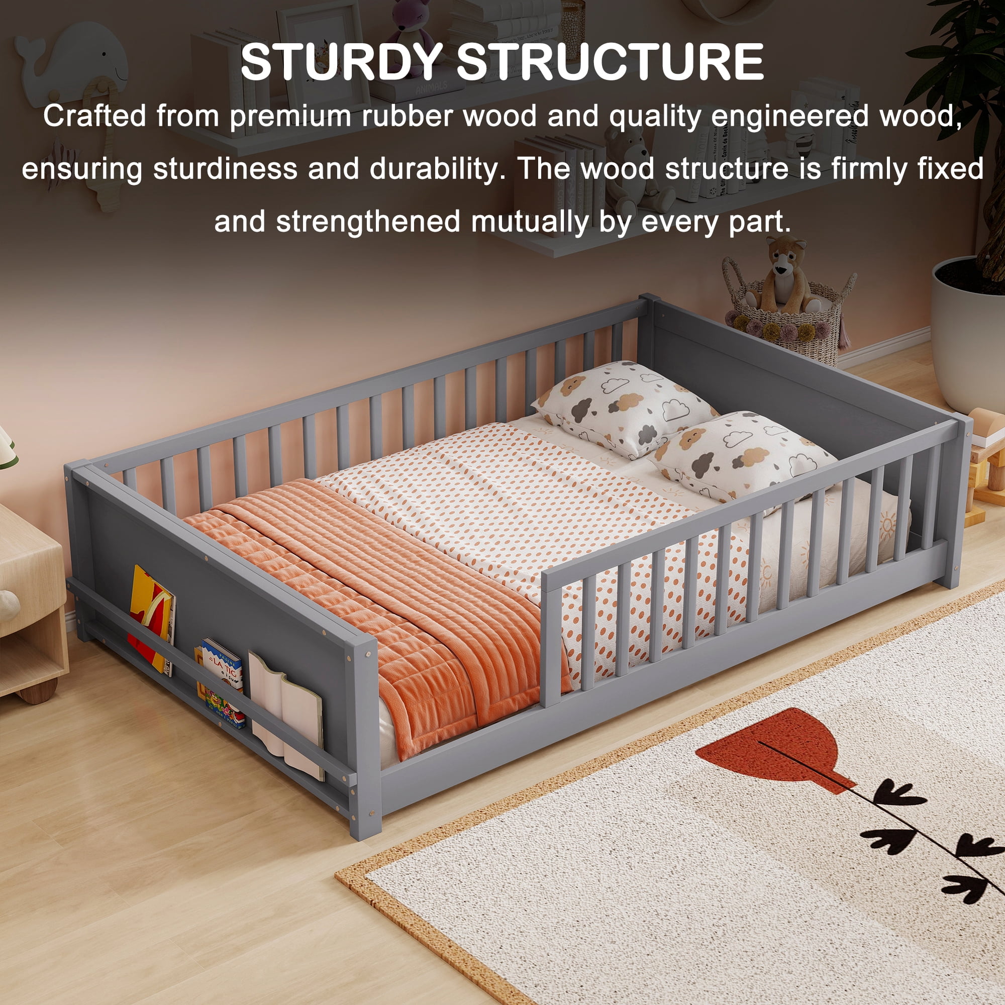Miniyam Full Size Kids Floor Bed with Guardrails and Bookshelf, Wooden Low Profile Bed, Gray