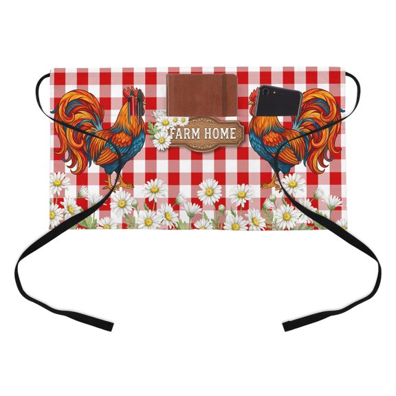 Farm Home Kitchen Restaurant Half Waist Apron, Red Plaid Rooster Daisy Spring Summer Server Short Apron with 3 Pockets Waterproof Oil Waist Aprons for Women Waitress Waiter