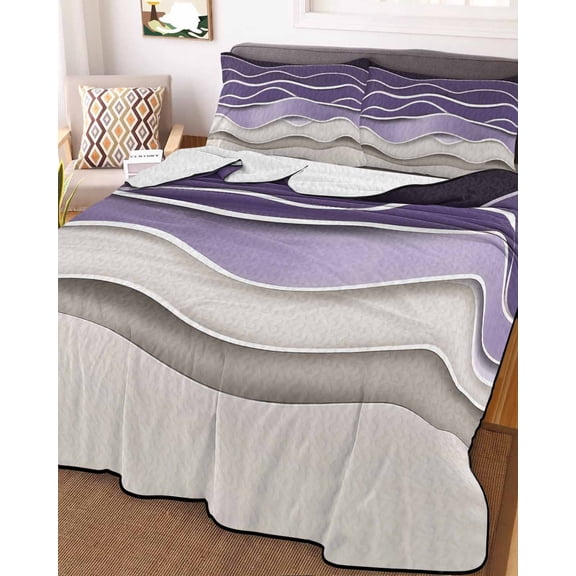Purple Wave Queen Size Down Alternative Comforter, Lightweight Comforter Quilt Bedding Set with Pillow Shams Coastal Ombre Ocean Grey Stripes Beach Sand All Seasons Bed Comforter Duvet Insert 90"x96"
