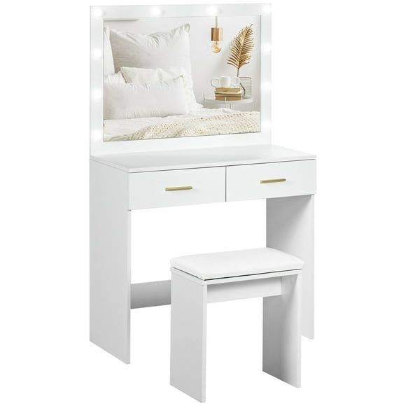 HOMCOM Makeup Vanity Desk and Stool Set with LED Lighted Mirror, White