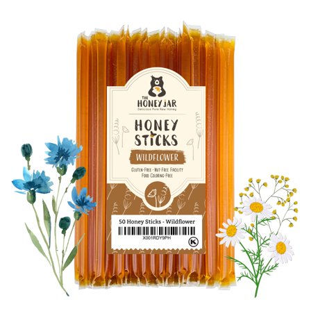 The Honey Jar - GGA1 Wildflower Varietal Honey Sticks - Pure Honey Straws For Tea, Coffee, or a Healthy Treat - One Teaspoon of Flavored Honey Per Stick - Made In The USA, Real Honey - (50 Count)