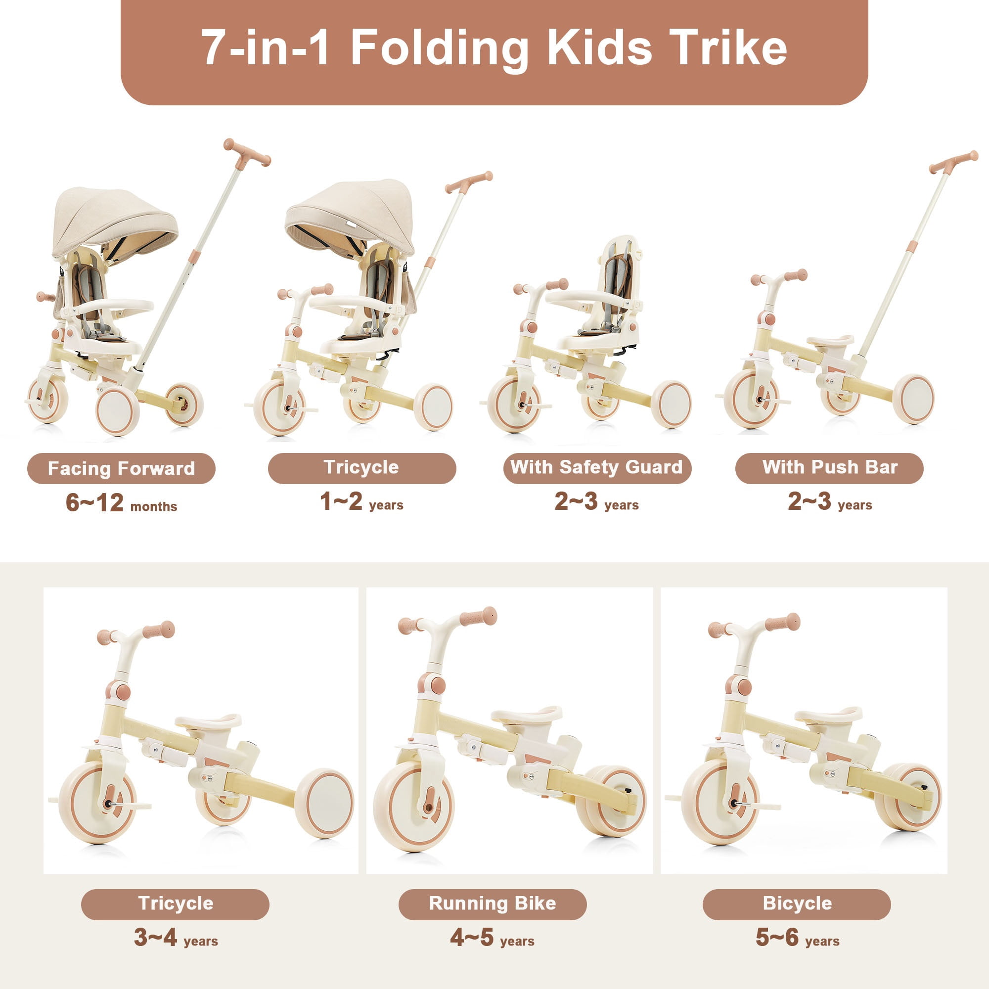 7-in-1 Baby Tricycle 1-6 Years Aluminum Frame with Canopy Push Handle 5-Point Harness for Kids Outdoor Ride