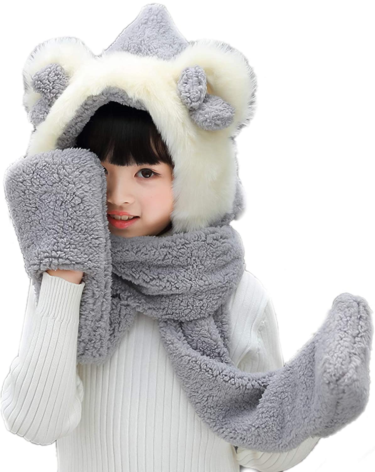 Kids Girls Boys Winter Warm Cartoon Dinosaur Fuzzy Fleece Scarf Hats Color : Beige, Size : 3-12 years Cute Hooded Scarf Earmuffs With Pockets Outdoors cap