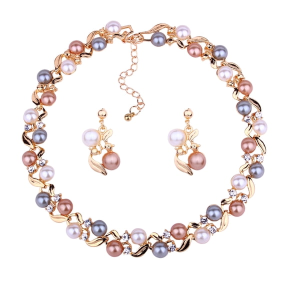 UDIYO Elegant Women Faux Pearl Rhinestone Necklace Ear Stud Earrings Party Jewelry Set