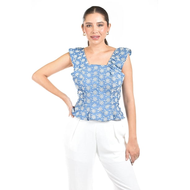 Blusa bordada con olanes Roman Fashion /Juvenil, 3220 (Mezclilla light) azul M