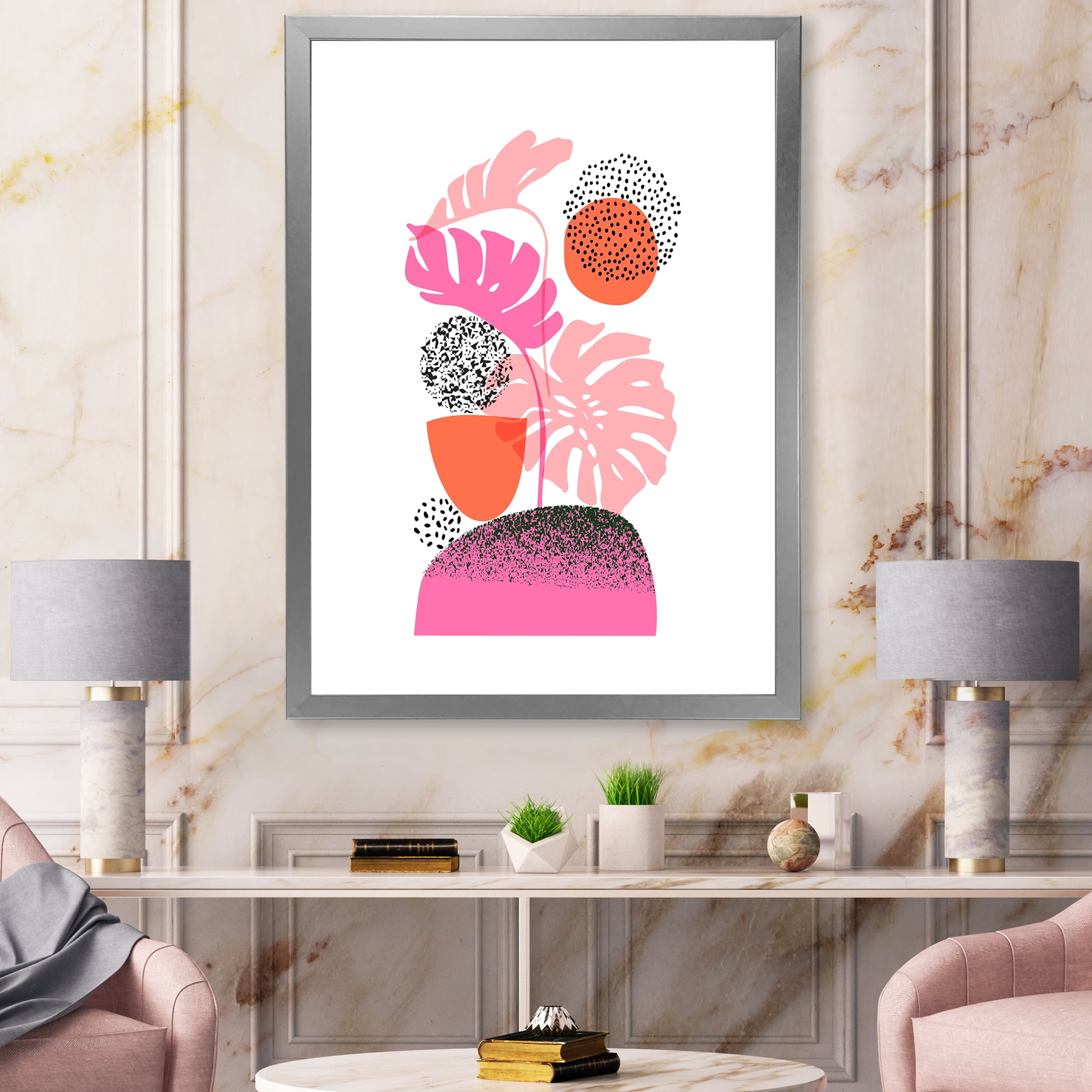 Designart 'Geometric Sun and Moon Shapes With Tropical Leaves' Modern Framed Art Print