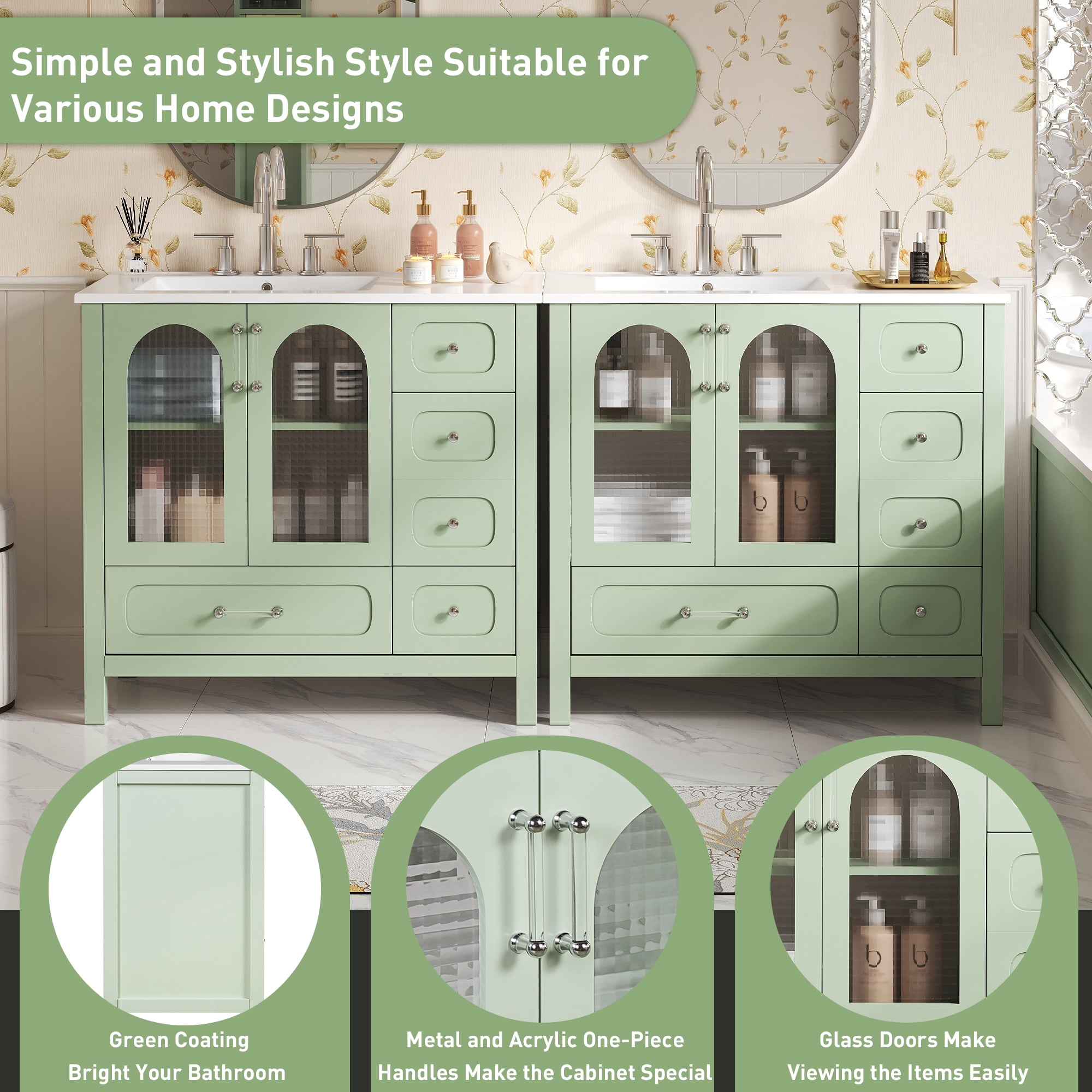 Euroco 48'' Modern Bathroom Vanity with Turquoise Finish, 8 Drawers, Waffle Glass Doors & Soft-Close Hinges, Fits 8” Faucet (Faucet Not Included)