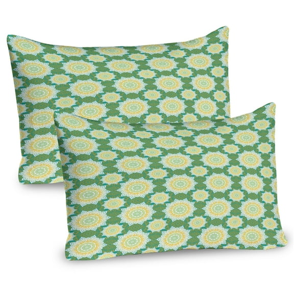 Ambesonne Ethnic Pillow Sham 2 Pack, Mandala Inspired Flourishes, 26"x20", Green Mustard White