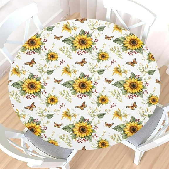 Sunflower Round Fitted Tablecloth with Elastic Edge,Water&Stain-Resistant Picnic Spring Summer Yellow Floral Table Cover for 36"-40" Found Tables Sun Flower Table Cloth for Dinner,Outdoor,Patio