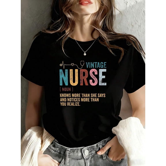 【New Arrival】Vintage Nurse Definition Letter Graphic T-Shirt, Cotton Crew Neck Short Sleeve Tee, Healthcare Worker Casual Wear Nurse Appreciation Gift