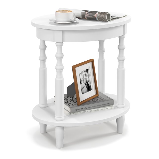 Gymax 2-Tier End Table Oval Compact Sofa Side Nightstand w/ Storage Shelf White