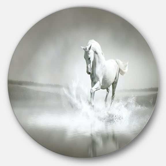 Designart 'White Horse Running in Water' Ultra Glossy Animal Oversized Metal Circle Wall Art