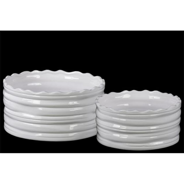 Urban Trends Collection 35411 2 Piece White Coated Ceramic Round Flower Pot with Wave Pattern Mouth & Ribbed Side- Set of Two - 10.00 x 10.00 x 5.00 in.