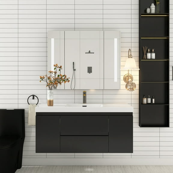 Angela 48" Wall-Mounted Bathroom Vanity in Matte Black with White Basin