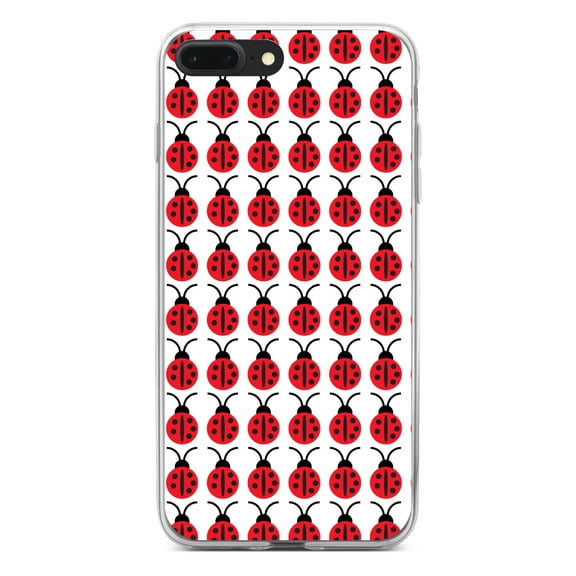 DistinctInk Clear Shockproof Hybrid Case for iPhone 7 PLUS / 8 PLUS (5.5" Screen) - TPU Bumper, Acrylic Back, Tempered Glass Screen Protector - Red White Black Lady Bugs