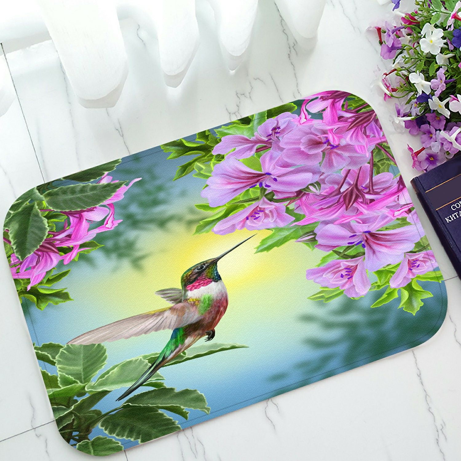 ECZJNT small bird hummingbird pink flowers green leaves Doormat Bath